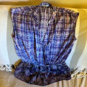 Cabi V-Neck silky top with snap closure - mixed pattern Checkered and floral